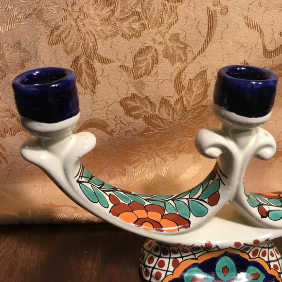 MEXICAN POTTERY GARAY 3 LITE CANDELABRA, CANDLESTICK, FOLK ART - Picture 3 of 13